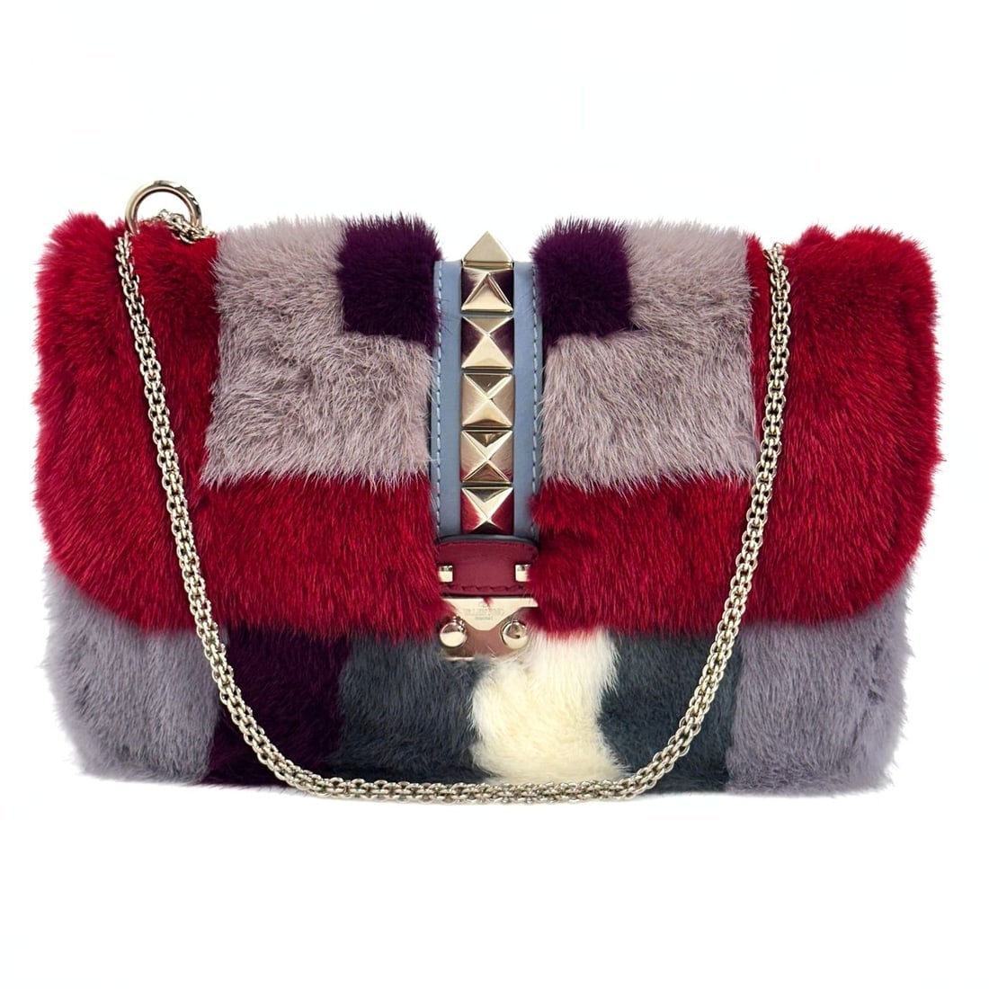 VALENTINO Rock maxi bag in rabbit and multicolored leather: Title: VALENTINO Rock maxi bag in rabbit and multicolored leatherMaterial:Rabbit fur / LeatherDimensions: DIMENSIONS: L: 28 cm - H: 16 cm - W: 8 cmDescription:(DD). Valentino Rock maxi bag in rabbit
