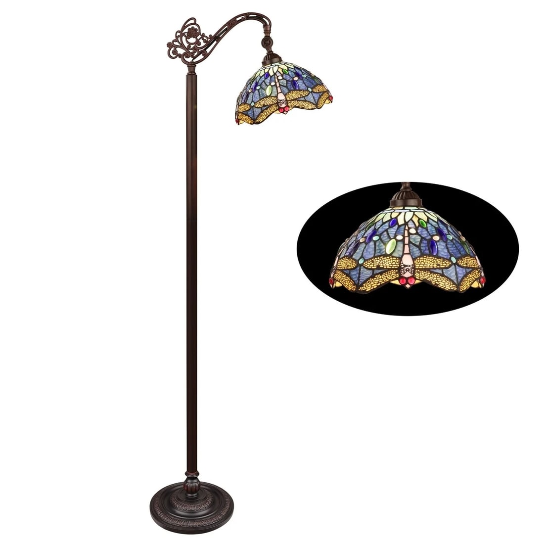 61.9" Stained Glass Dragonfly Reading Floor Lamp: 61.4" Tall 11.1" Wide shade LED bulbs will give more output and not exceed 100w (1) 100 Watt max E26 Type A Introducing our modern reproduction hand-crafted reading floor lamp, designed to emulate the