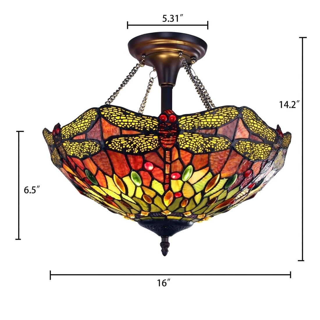 16" Dragonfly Stained Glass Semi Flush Ceiling Uplight - 7