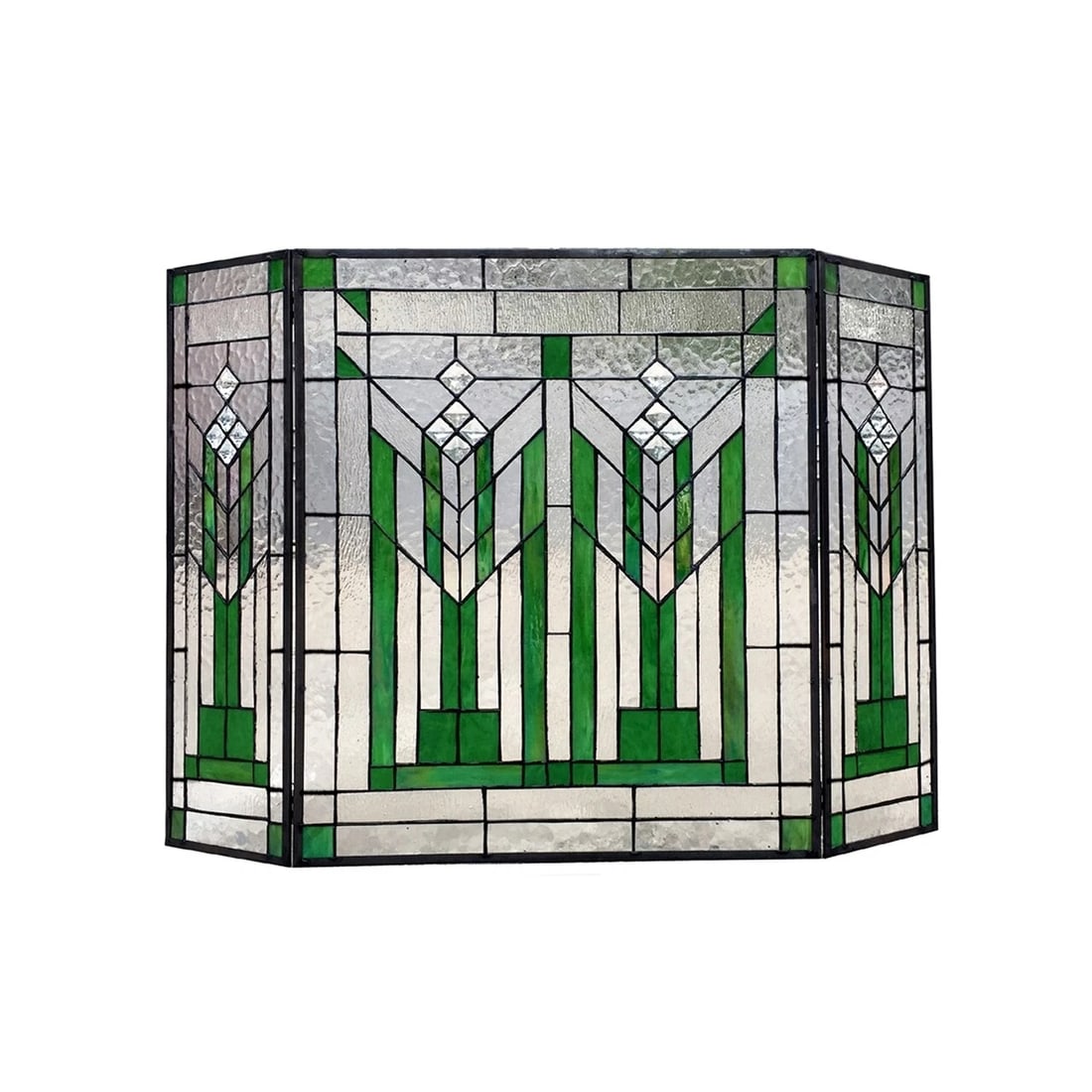 38" Folding Mission Style Stained Glass Fireplace Screen: 38" Wide x 26" Tall A stunning reproduction stained glass fireplace panel meticulously handcrafted from pieces of hand cut stained art glass. Each individual piece of stained glass is meticulously lin