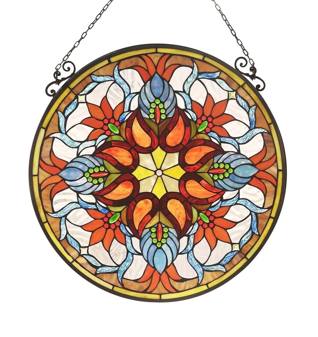 23.2" Round Fall Stained Glass Window Hanging Panel Suncatcher - 2