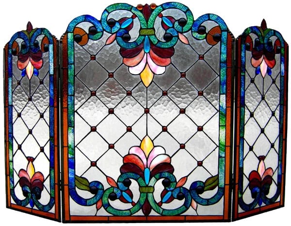 44" Folding Stained Glass Fireplace Screen: 44" Wide x 28.5" Tall A stunning reproduction stained glass fireplace panel meticulously handcrafted from pieces of hand cut stained art glass. Each individual piece of stained glass is meticulously l
