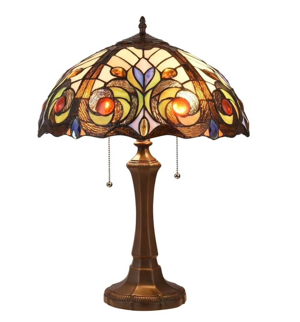 21.9" Victorian Style Stained Glass Table Lamp 16.3" Shade: Beautiful new reproduction tiffany-style table lamp is designed to use two E26 Type A bulbs (bulbs not included). It has a net weight of 9 pounds and features an overall height of 21.9 inches, with an