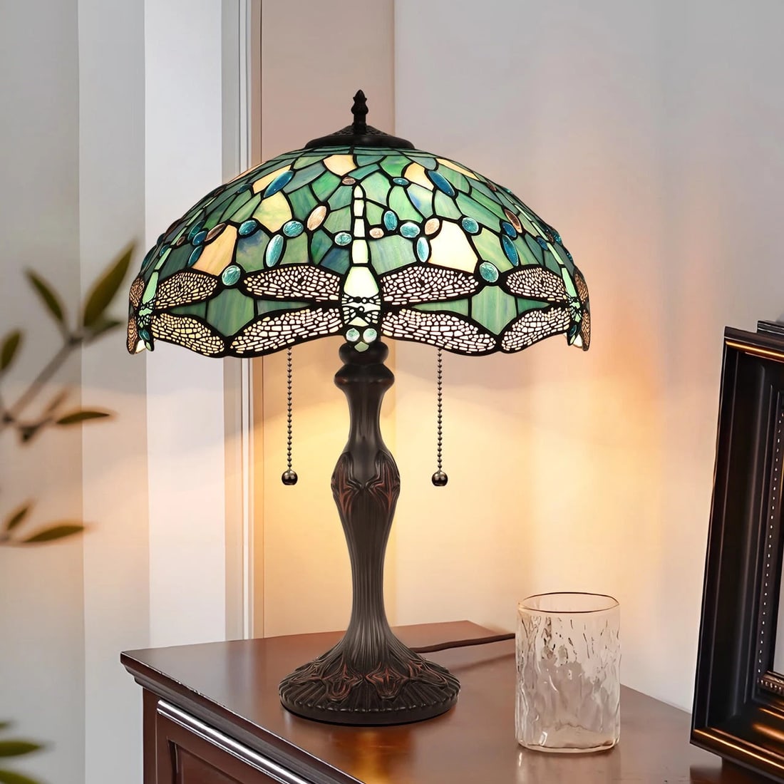 22.24" Stained Glass Dragonfly Lighted Base Table Lamp - 8