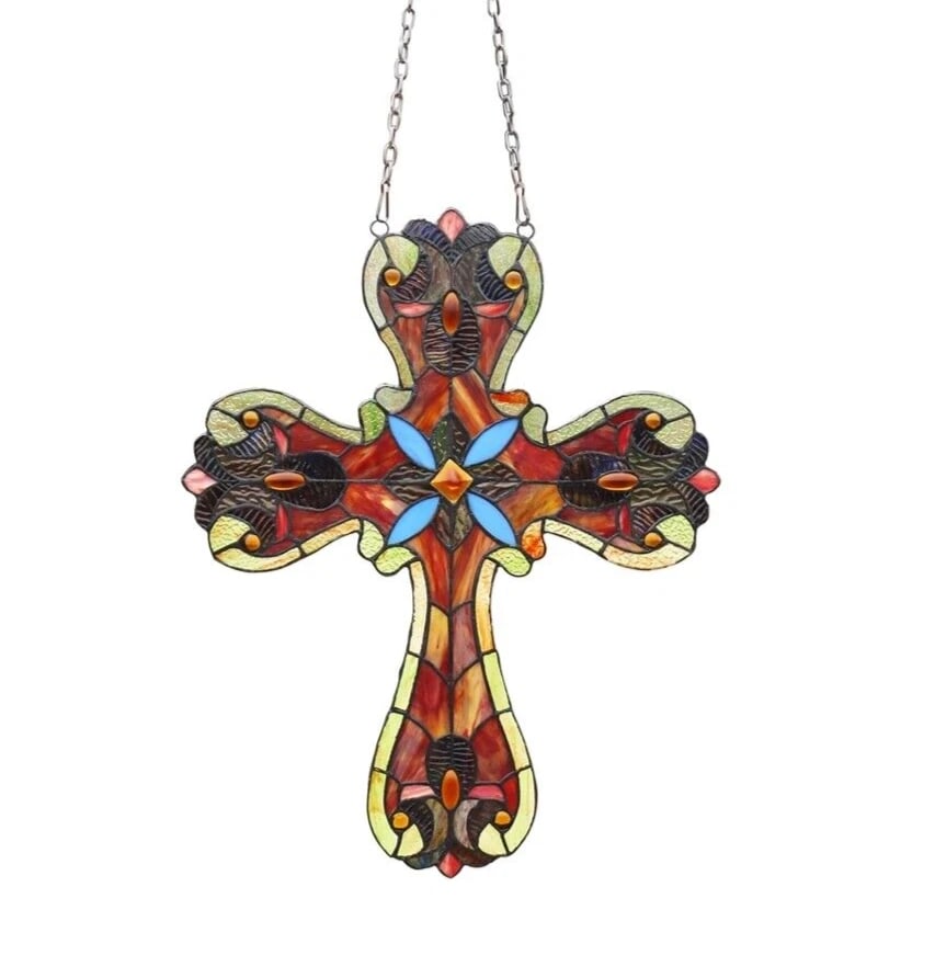 20" Victorian Stained Glass Cross Window Hanging Panel Suncatcher: 20" x 15.9" Such a wonderful reproduction stained glass window panel. This panel is a true testament to the beauty and craftsmanship of stained glass art, and it is the perfect addition to any window