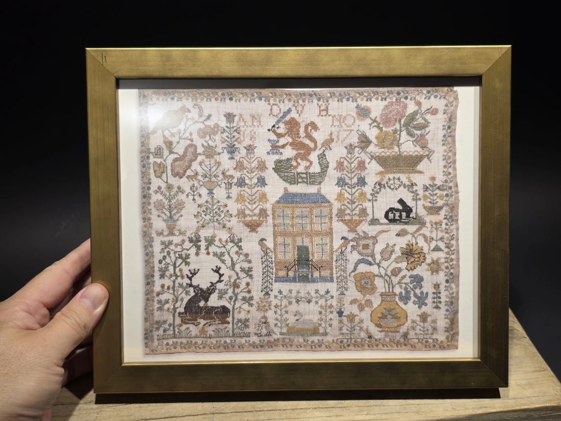 11" x 8.5" Framed Sampler PRINT Early American Folk Embroidery Design: Framed Sampler Print – Early American Folk Embroidery Design This framed print reproduces an early American needlework sampler, rich with traditional motifs drawn from 18th–early 19th