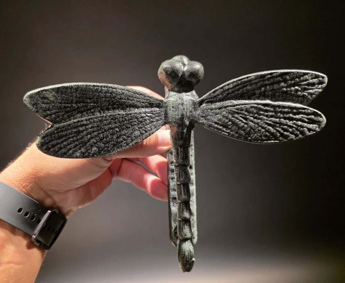 7" Verdigris Cast Iron Dragonfly Door Knocker: 8 1/2" Wide x 7" Tall 2" Extension Great reproduction high quality cast iron door knocker. All cast iron with a verdigris/black finish. Be sure to see the images for the best representation. 100% Cust