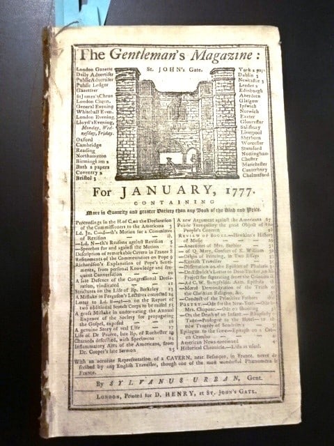 1777 Magazine Revolutionary War Content: Title: 1777 Magazine Revolutionary War Content Description: The January 1777 issue of "The Gentleman's Magazine", printed at London, 48 pages complete including an interesting folding engraving of a