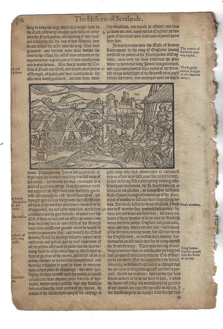 1577 Leaves Holinshed History of Scotland Woodcut: Title: 1577 Leaves Holinshed History of Scotland Woodcut Description: Three consecutive leaves from Holinshed History of Scotland, printed at London 1577. The leaves cover period from the ascendance o