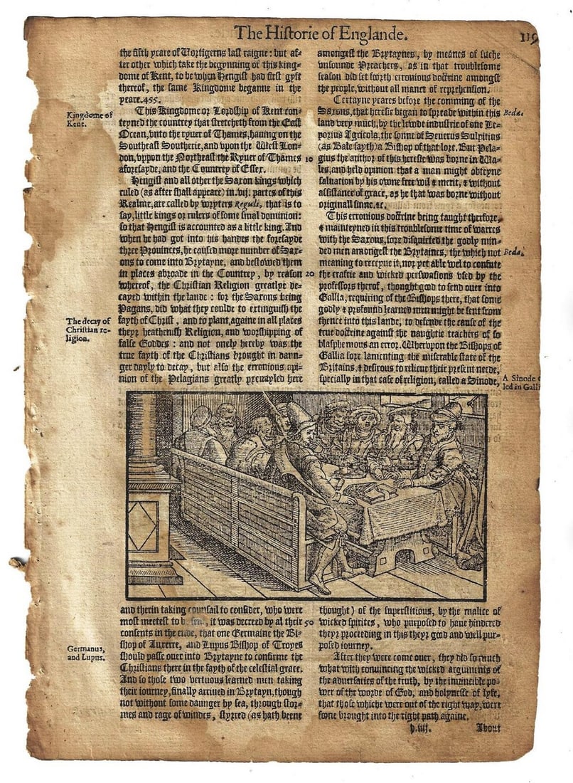 1577 Leaf Woodcuts Battle History of England: Title: 1577 Leaf Woodcuts Battle History of England Description: A leaf from the Historie of Englande by Raphael Holinshed, printed at London in 1577 two large woodcuts, one each side one of a Synod d