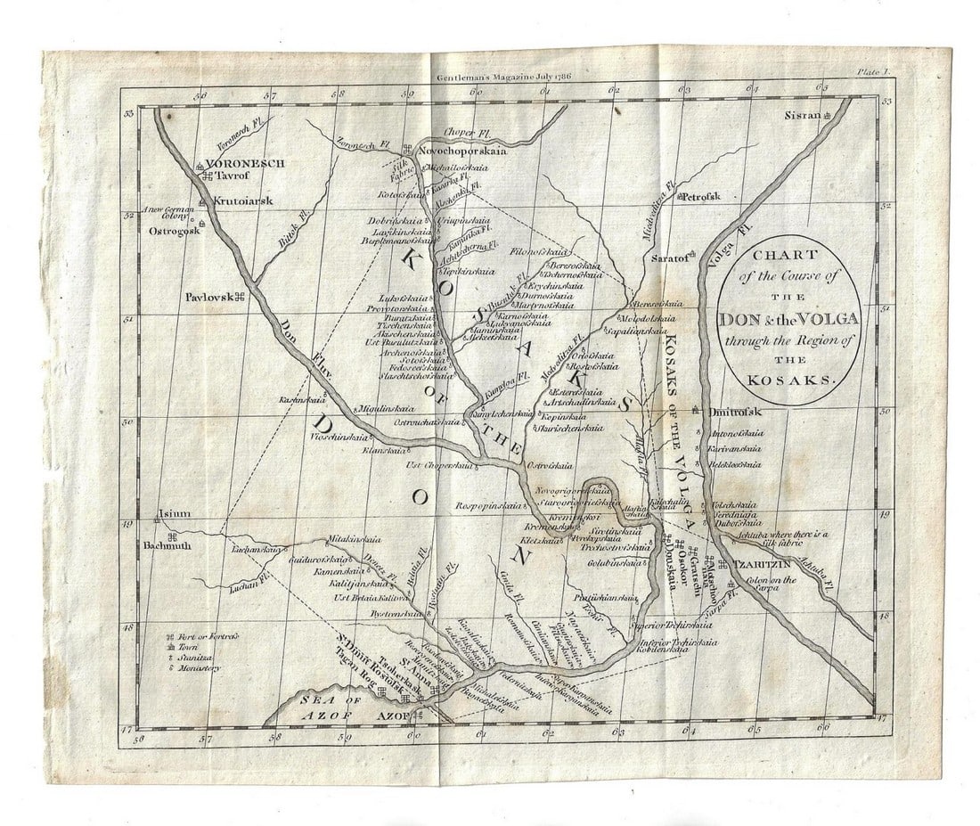 1786 Chart of the Volga Kosaks Russia: Title: 1786 Chart of the Volga Kosaks Russia Description: "Chart of the Course of the Don of the Volga through the Region of the Kosaks", printed for Gentleman's Magazine July 1786. Folding map, measu