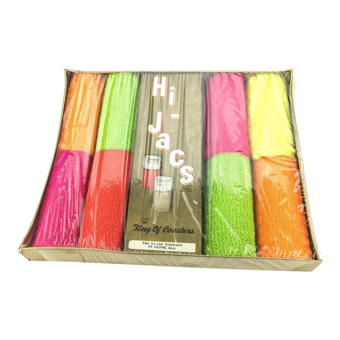 Mid Century Bright Colorful Set of Stretchy Fabric Coasters: Very unique set of fabric pull over the glass coasters. Bright colors of orange, yellow, Hot pink, bright green, and red. Very Mid century and the best part is never been opened and still in the origi