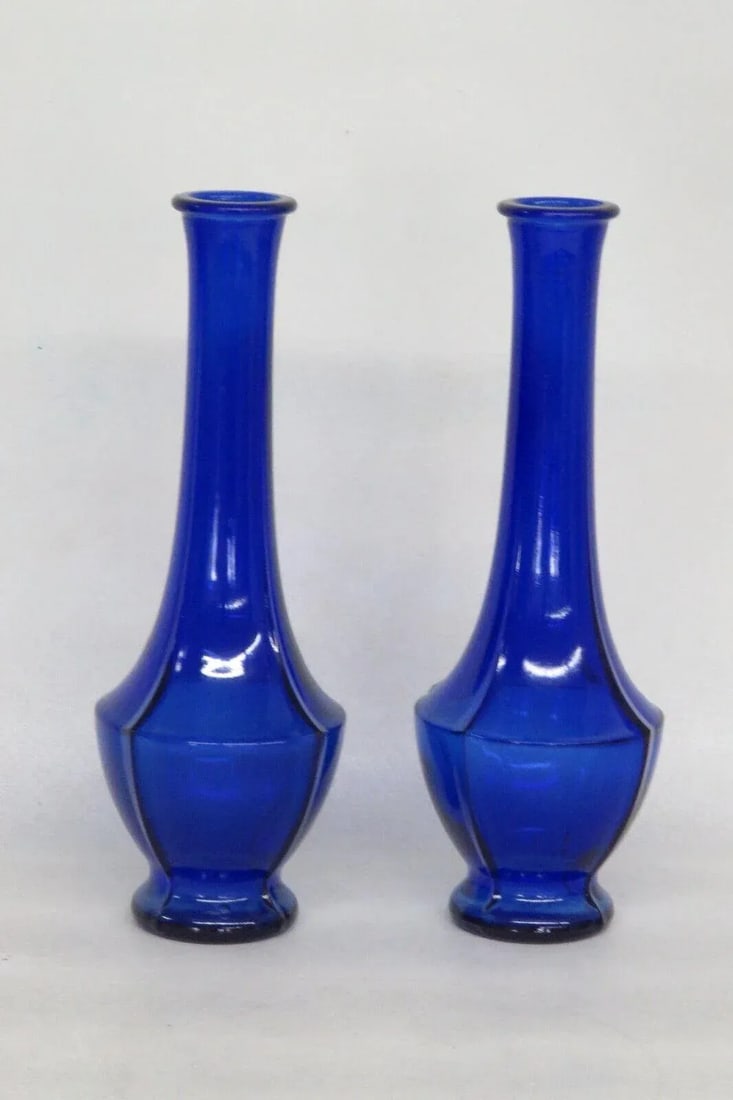 Art Deco Cobalt Blue Molded 4 Panel Flower Bud Vases a Pair - 10
