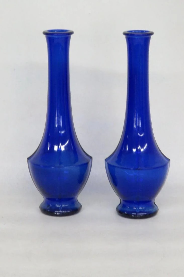 Art Deco Cobalt Blue Molded 4 Panel Flower Bud Vases a Pair - 4