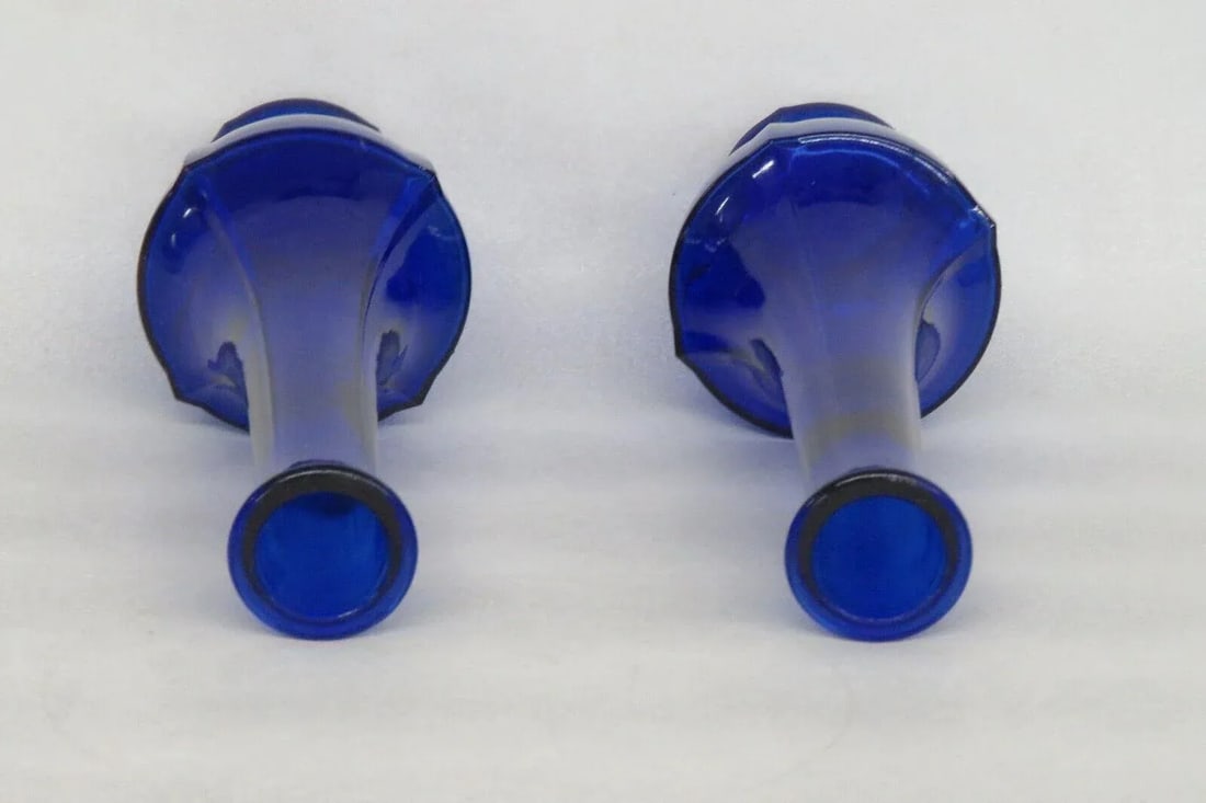 Art Deco Cobalt Blue Molded 4 Panel Flower Bud Vases a Pair - 5