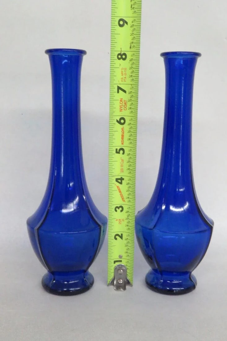 Art Deco Cobalt Blue Molded 4 Panel Flower Bud Vases a Pair - 8