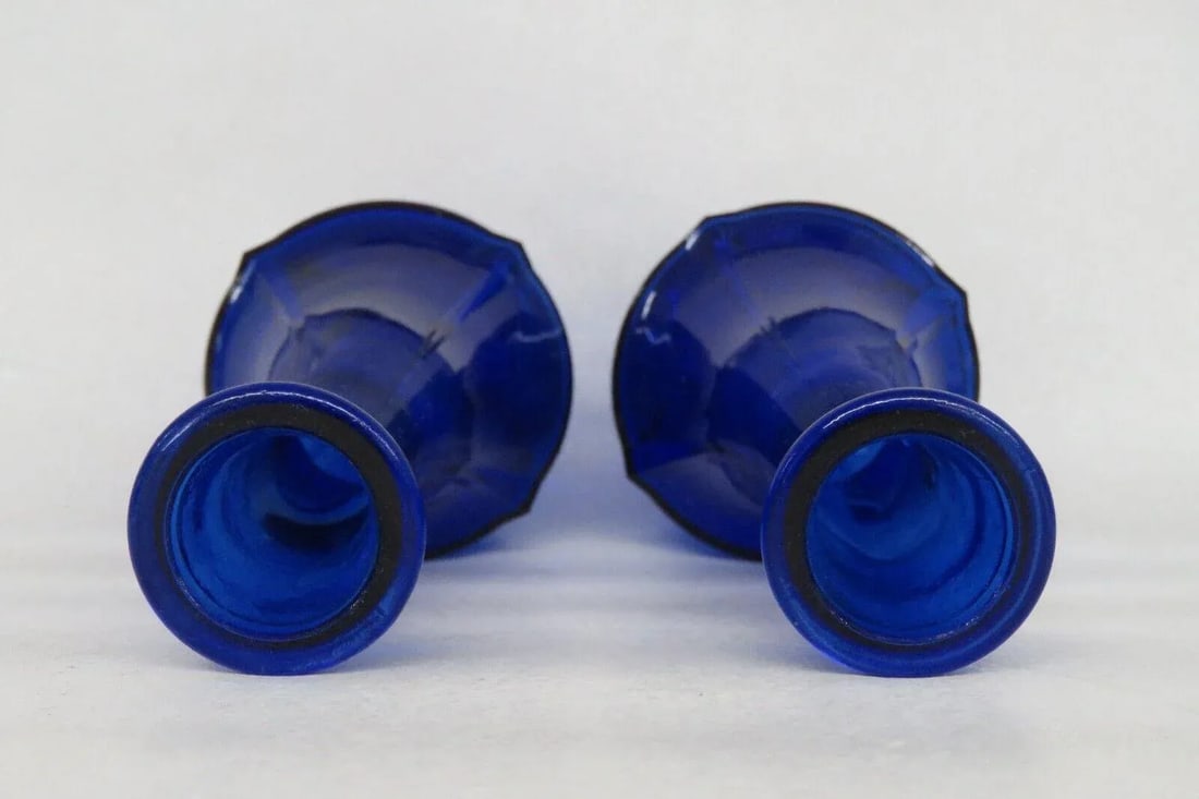 Art Deco Cobalt Blue Molded 4 Panel Flower Bud Vases a Pair - 9