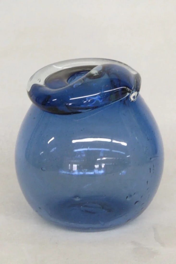 Hand Blown Cobalt Blue Round Glass Vase - 9