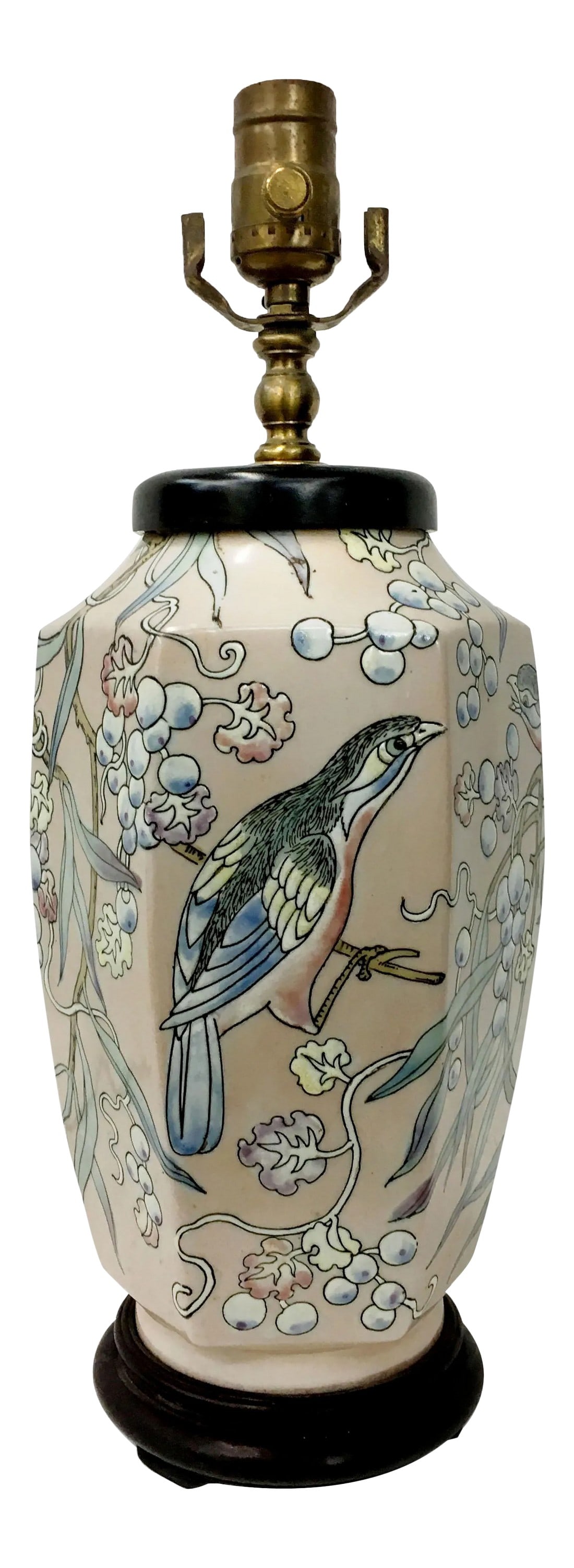 Chinese Style Vase Lamp with Bird Illustration: Vase lamp featuring branches with berries and flowers and detailed illustration of birds all around. Drawn in traditional Chinese style, this lamp adds a touch of elegance and beauty to any room. Cond