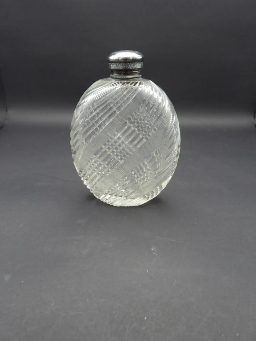 Antique Silver Cut Crystal Glass Perfume Bottle or Liquor Ladie's Flask 1800s - 8