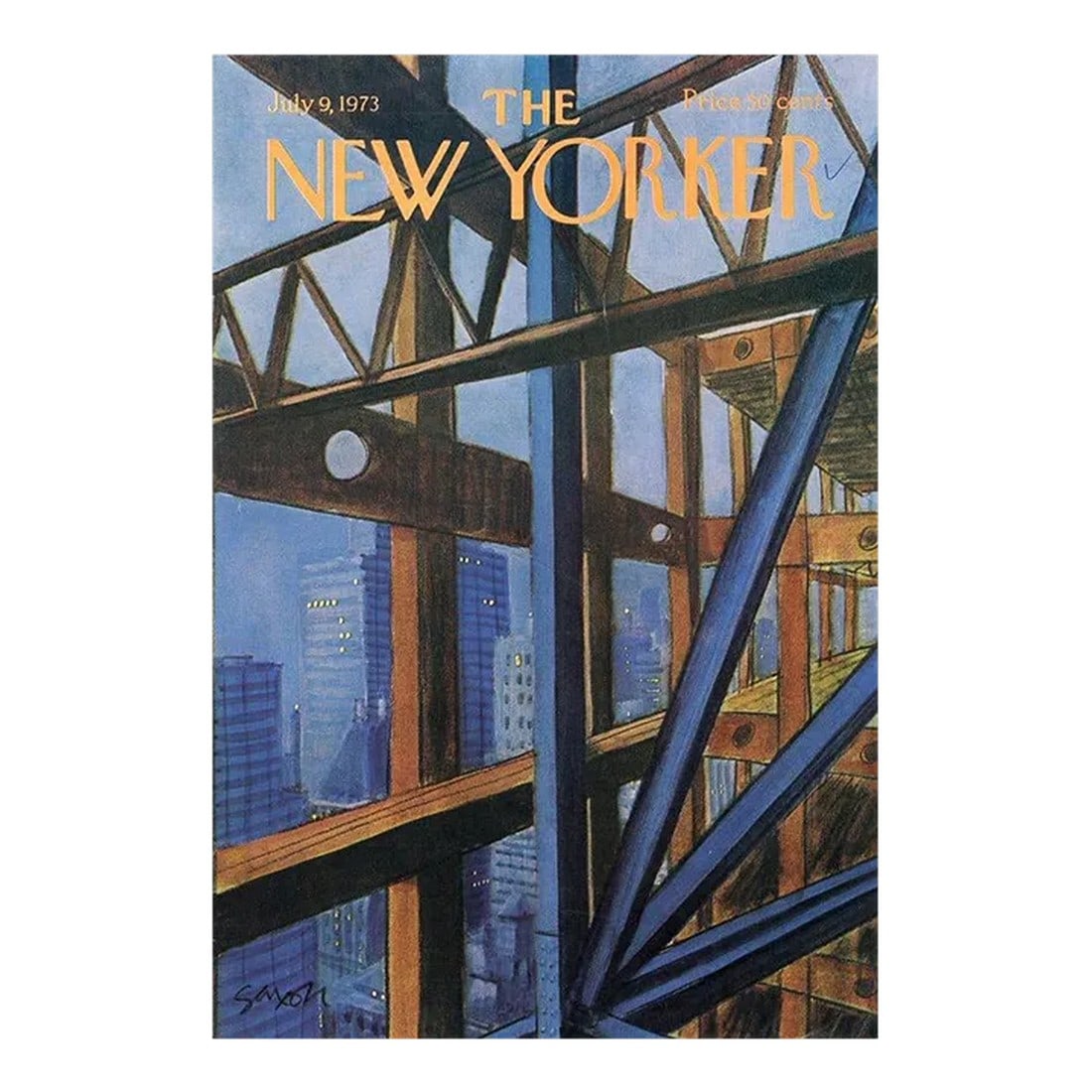 1973, New Yorker Magazine Cover, July 9 (Charles Saxon), Original Vintage Cover, City Life, Construc: Original vintage New Yorker magazine cover dated July 9, 1973 featuring a City Life and Construction theme. Based on an illustration by Charles Saxon (1920-1988). This is an authentic New Yorker magaz