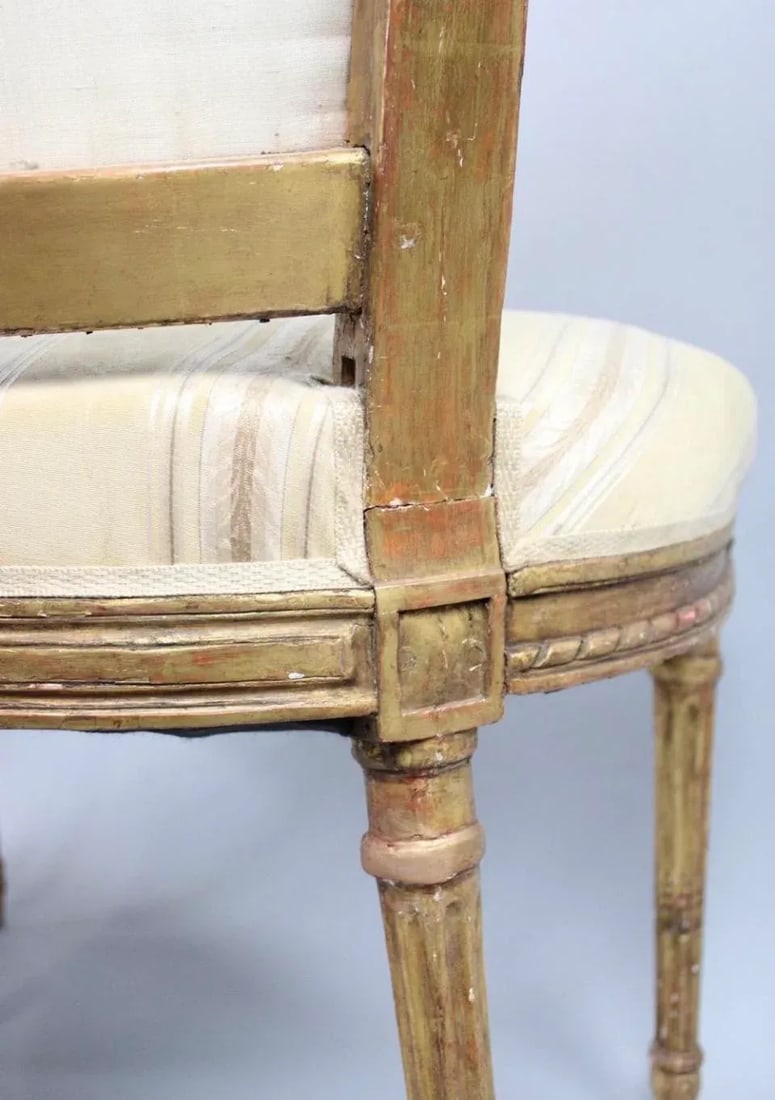 Pair of 19th Century Louis XVI Matching Gilt Wood and Painted Side Chairs in Striped Fabric - 11