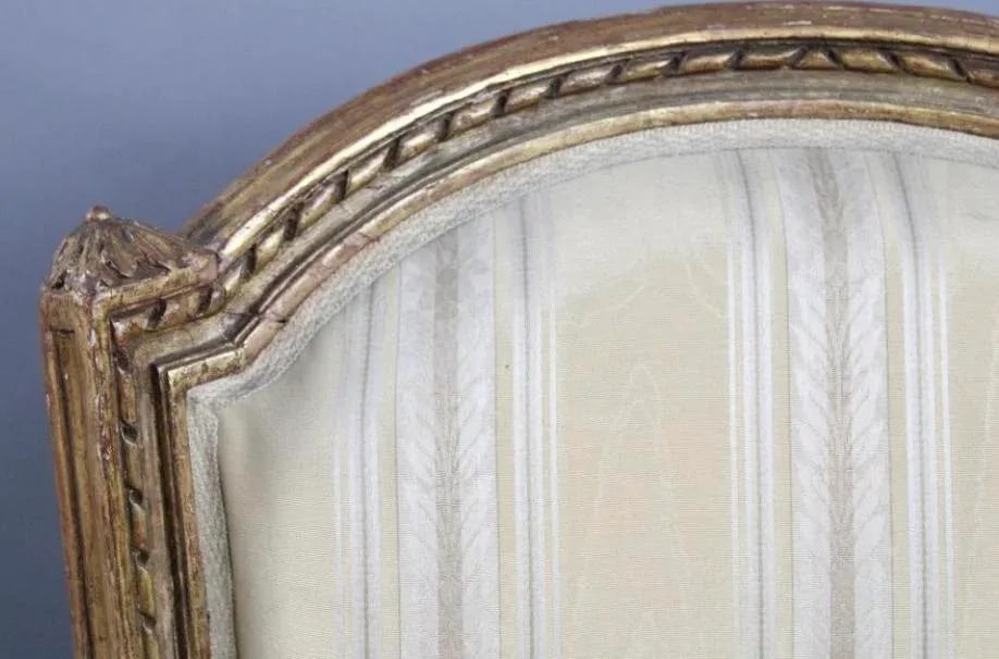 Pair of 19th Century Louis XVI Matching Gilt Wood and Painted Side Chairs in Striped Fabric - 2