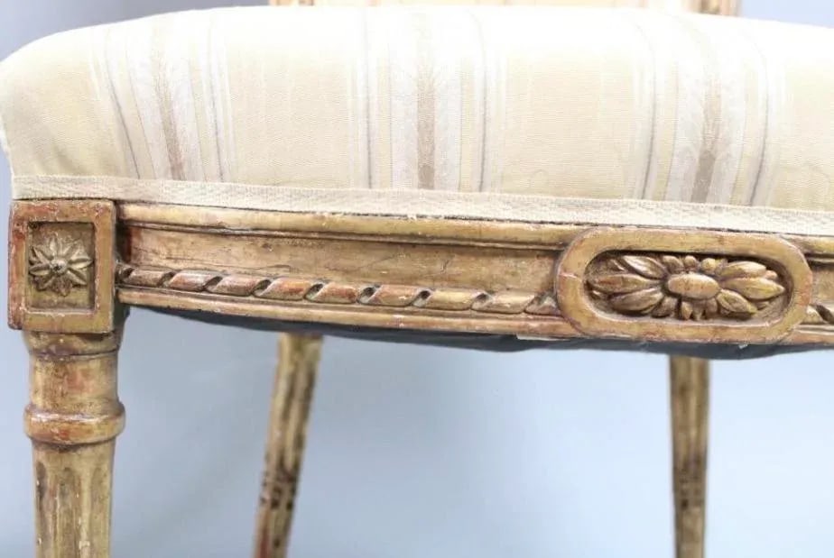 Pair of 19th Century Louis XVI Matching Gilt Wood and Painted Side Chairs in Striped Fabric - 4