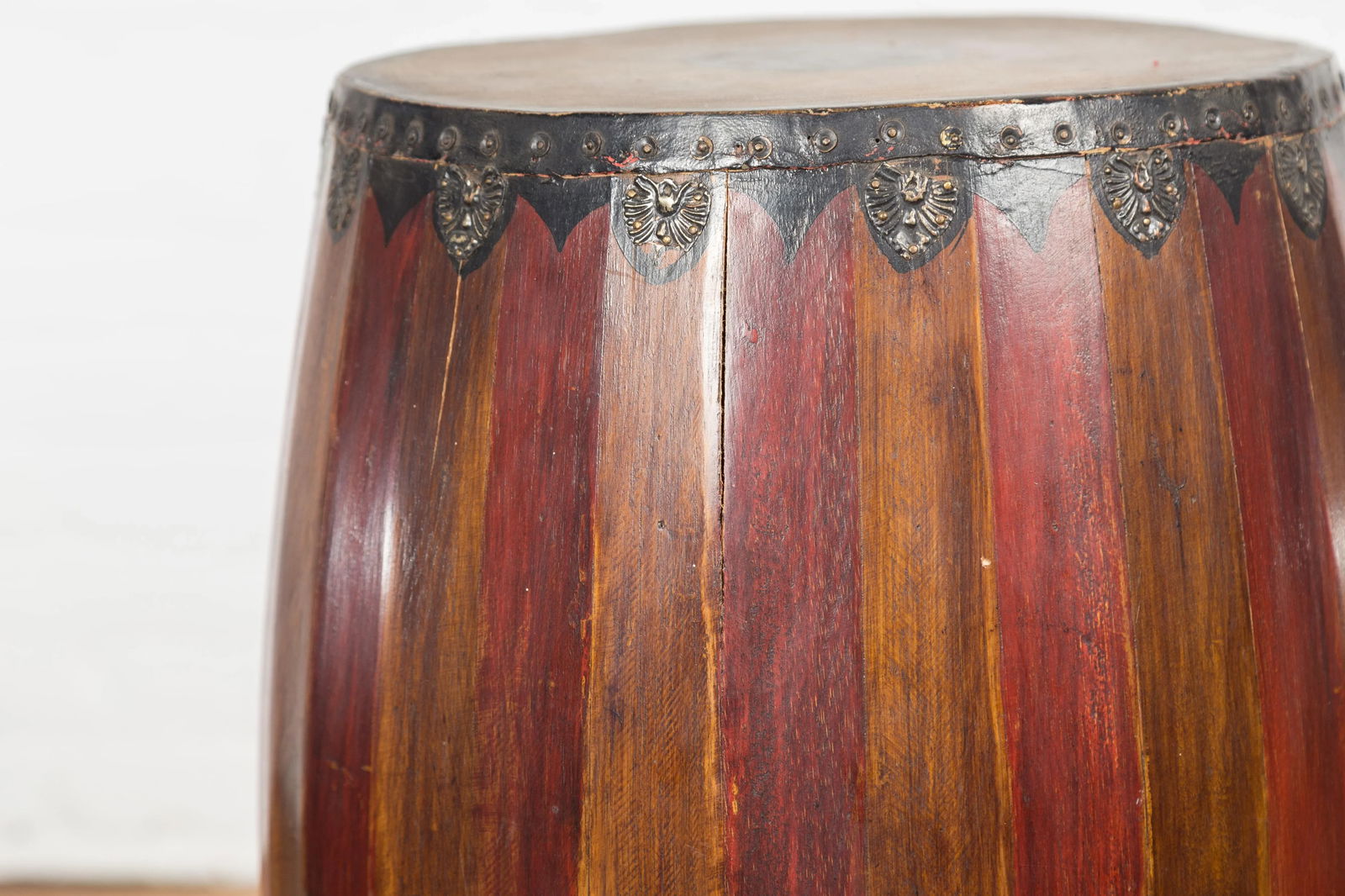 Antique Thai Two Toned Wooden Drum with Leather Top and Butterfly Motifs - 10