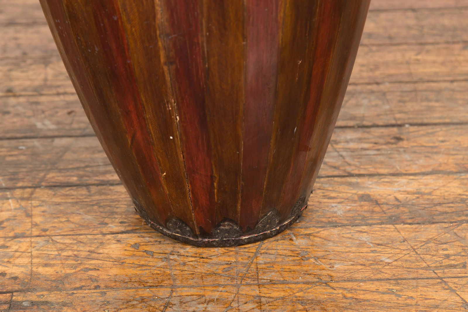 Antique Thai Two Toned Wooden Drum with Leather Top and Butterfly Motifs - 11