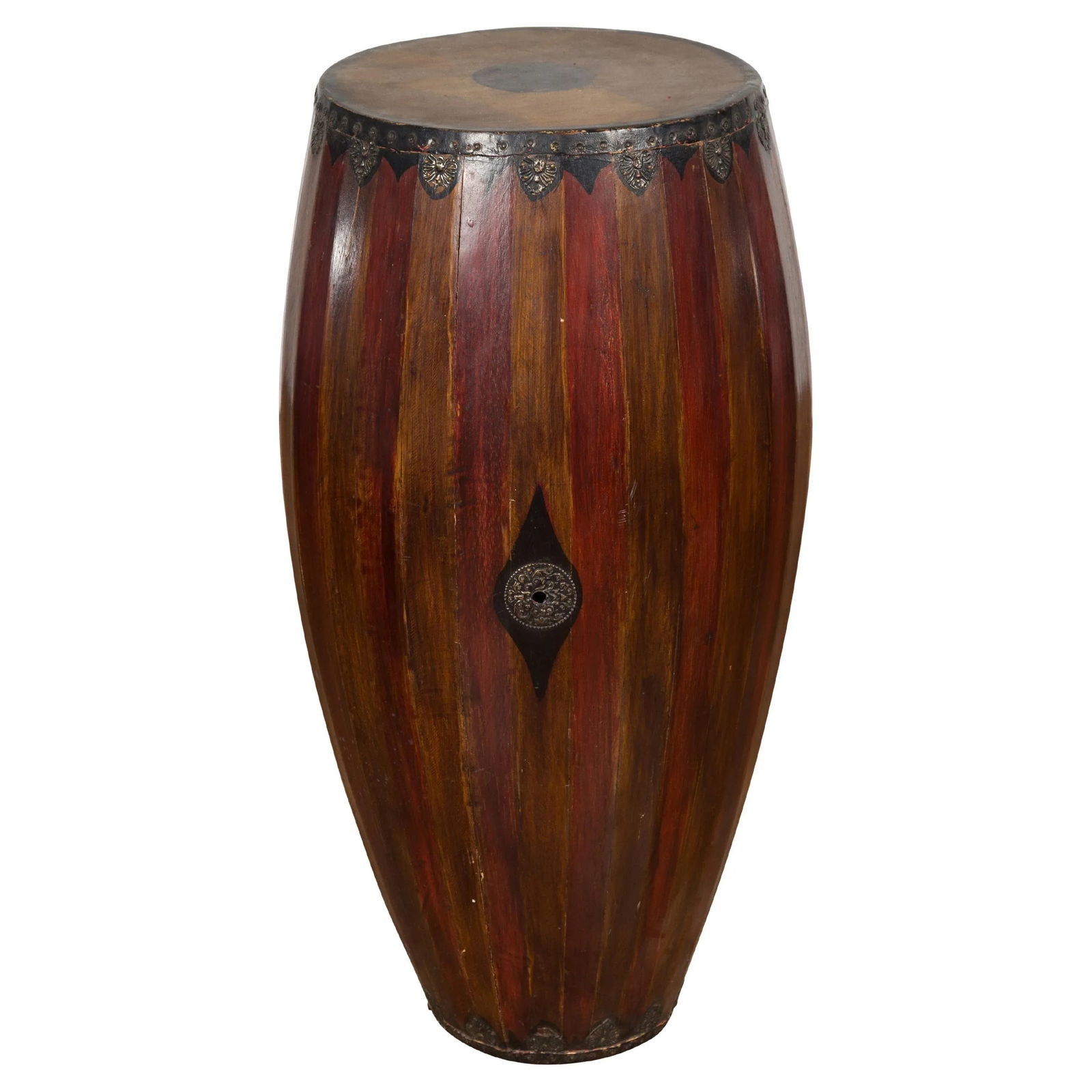 Antique Thai Two Toned Wooden Drum with Leather Top and Butterfly Motifs - 13