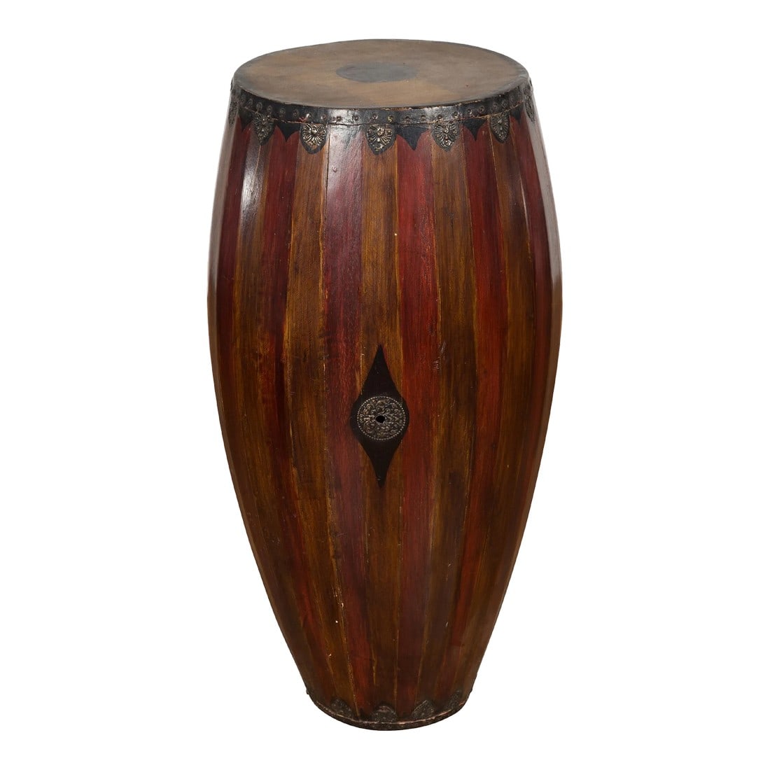 Antique Thai Two Toned Wooden Drum with Leather Top and Butterfly Motifs (1 of 13)