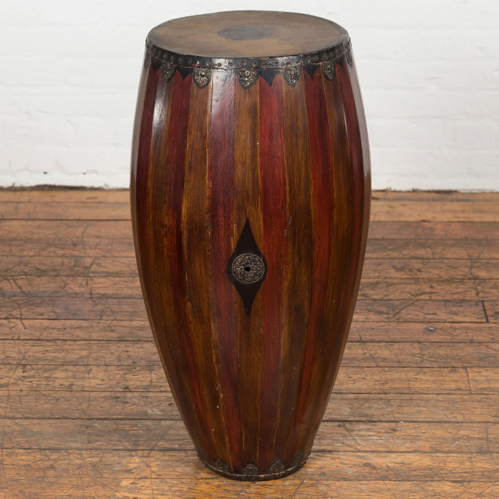 Antique Thai Two Toned Wooden Drum with Leather Top and Butterfly Motifs - 4