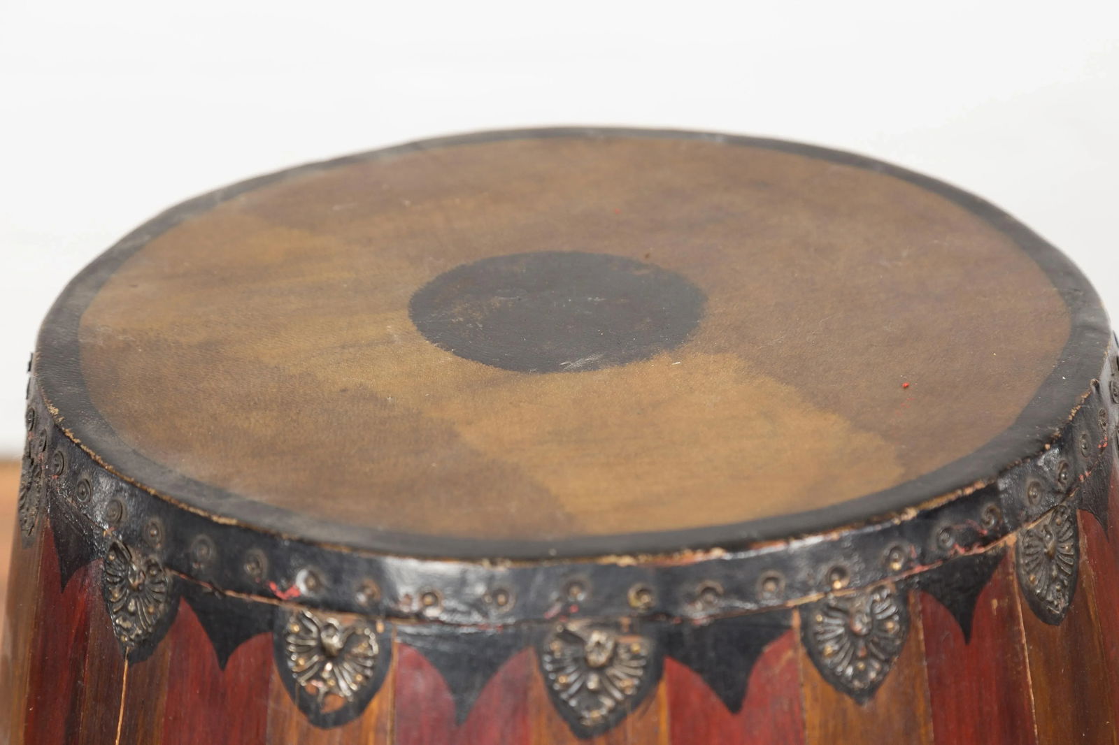 Antique Thai Two Toned Wooden Drum with Leather Top and Butterfly Motifs - 6