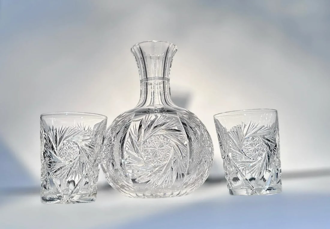 Antique American Brilliant Period Cut Crystal Carafe and Tumblers Set- 3 Pieces - 2