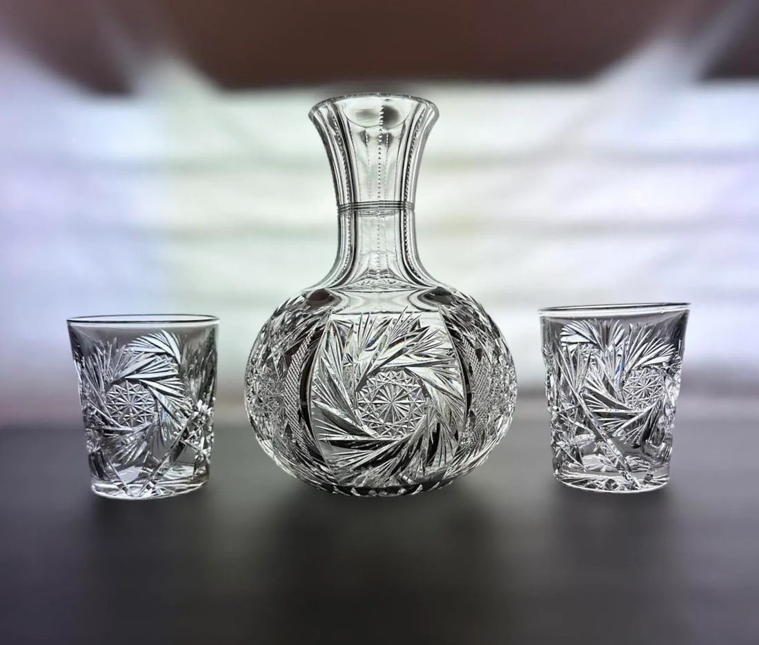 Antique American Brilliant Period Cut Crystal Carafe and Tumblers Set- 3 Pieces - 5