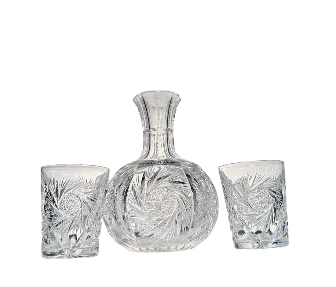 Antique American Brilliant Period Cut Crystal Carafe and Tumblers Set- 3 Pieces - 8