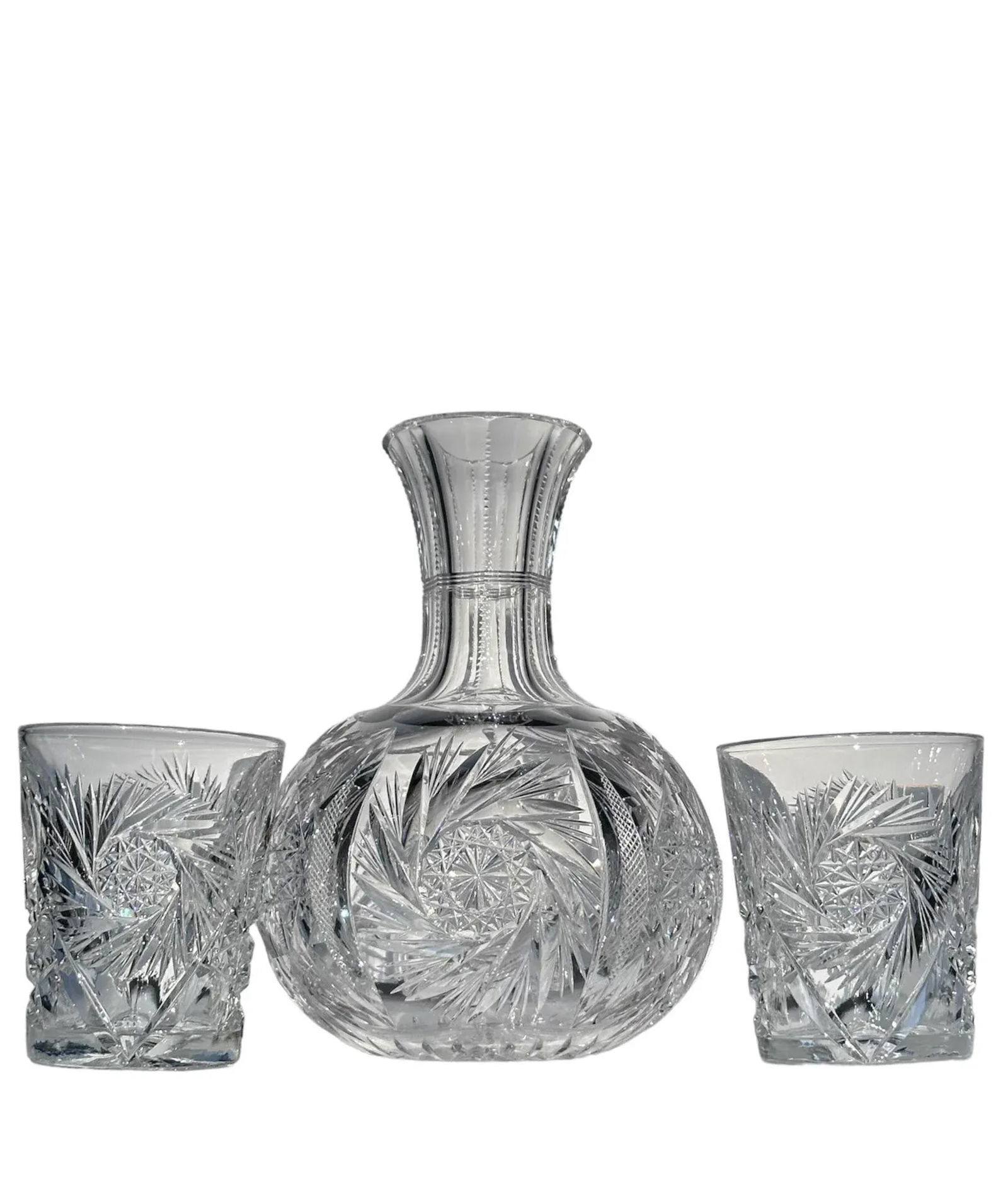 Antique American Brilliant Period Cut Crystal Carafe and Tumblers Set- 3 Pieces - 9