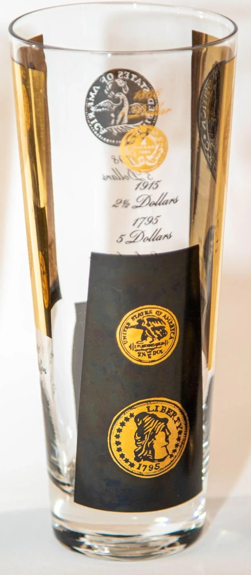 1960s Gold Printed Presidential Coins Highball Glasses Barware Set of 7 by Cera - 10