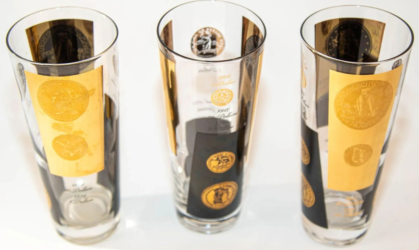 1960s Gold Printed Presidential Coins Highball Glasses Barware Set of 7 by Cera - 12