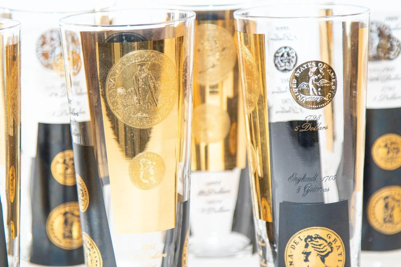 1960s Gold Printed Presidential Coins Highball Glasses Barware Set of 7 by Cera - 4