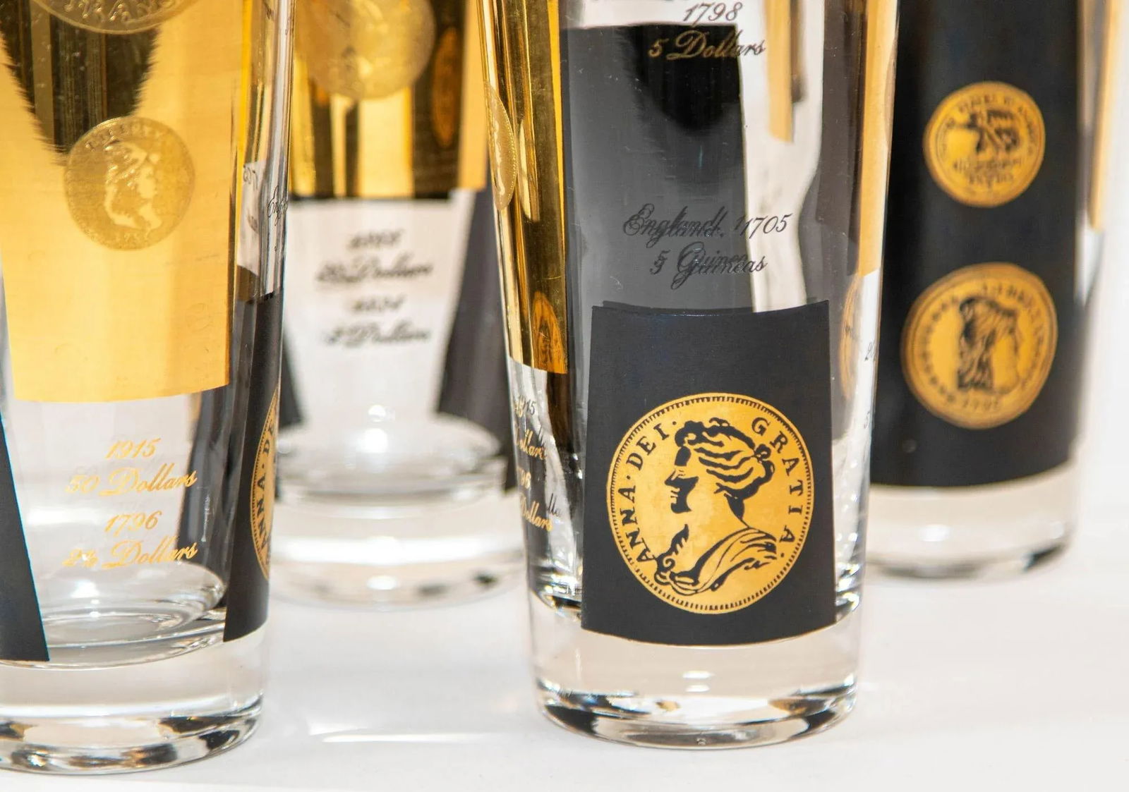 1960s Gold Printed Presidential Coins Highball Glasses Barware Set of 7 by Cera - 5