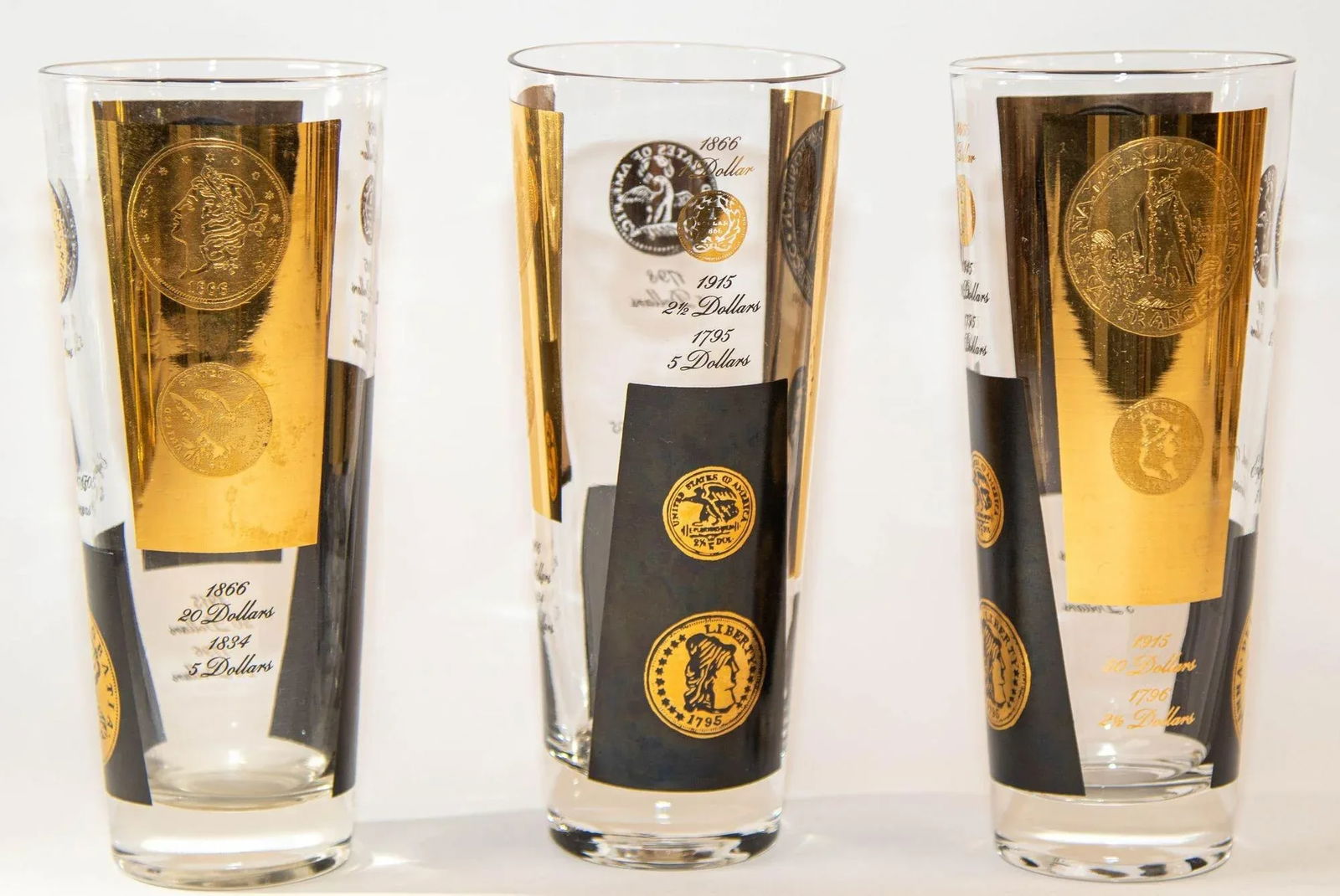 1960s Gold Printed Presidential Coins Highball Glasses Barware Set of 7 by Cera - 7