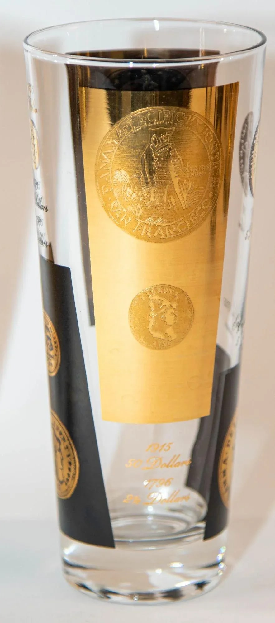 1960s Gold Printed Presidential Coins Highball Glasses Barware Set of 7 by Cera - 8