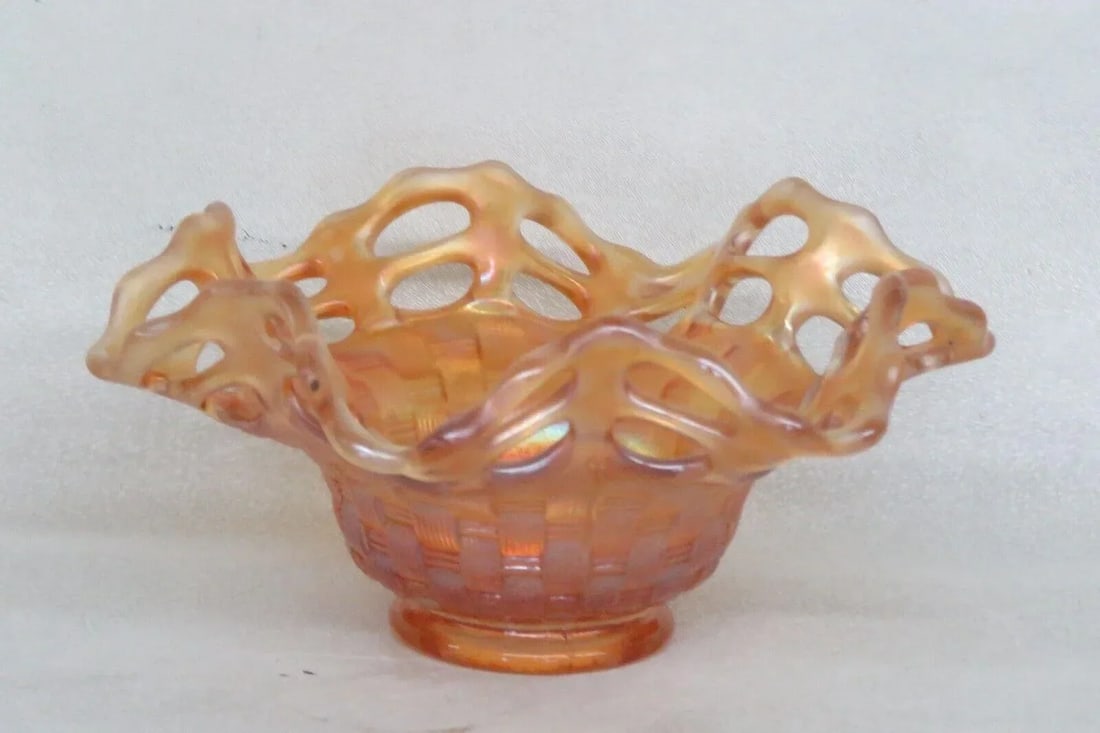 Fenton Marigold Carnival Glass Basket Weave Open Lace Edge Candy Dish Bowl - 2
