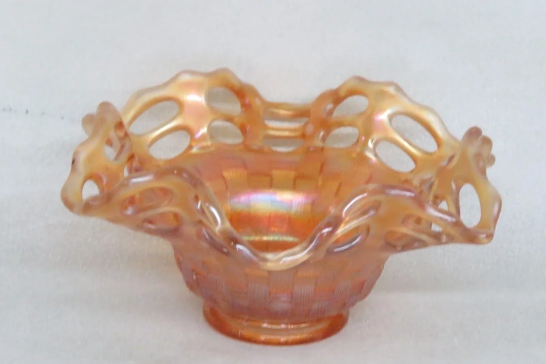 Fenton Marigold Carnival Glass Basket Weave Open Lace Edge Candy Dish Bowl - 3