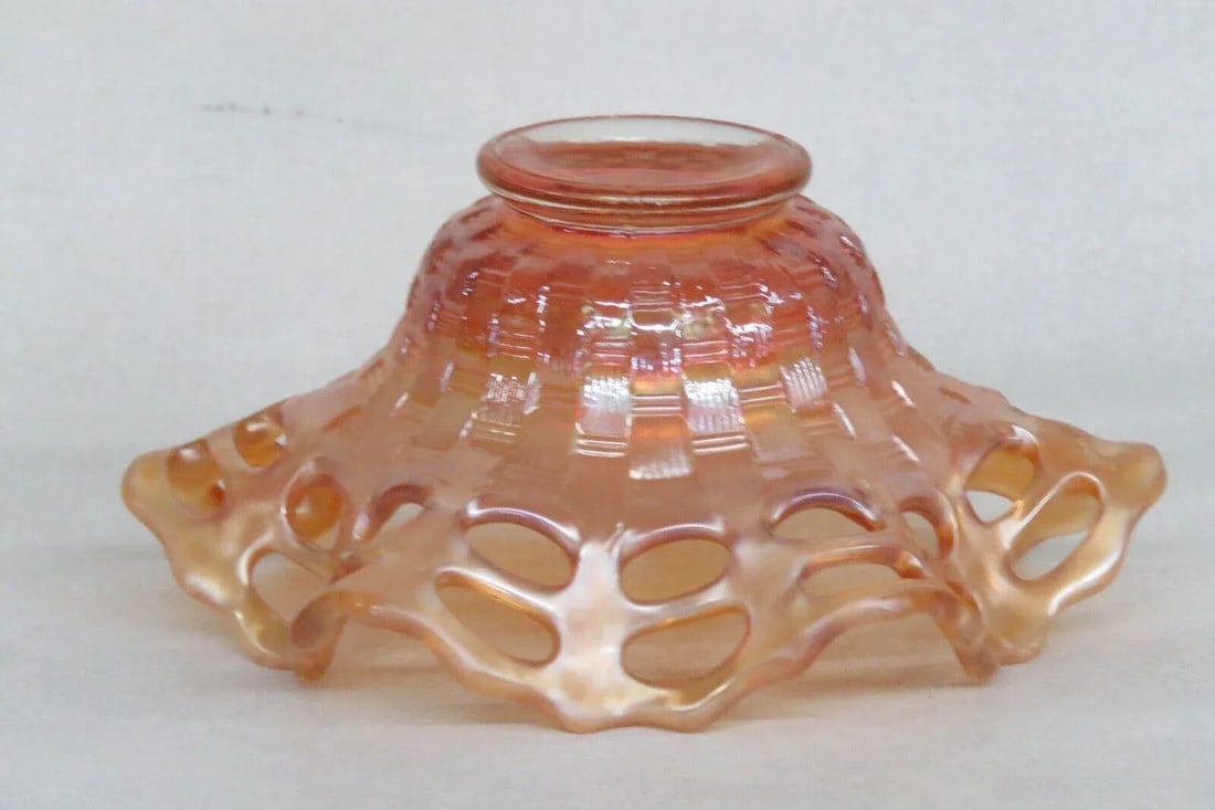 Fenton Marigold Carnival Glass Basket Weave Open Lace Edge Candy Dish Bowl - 6