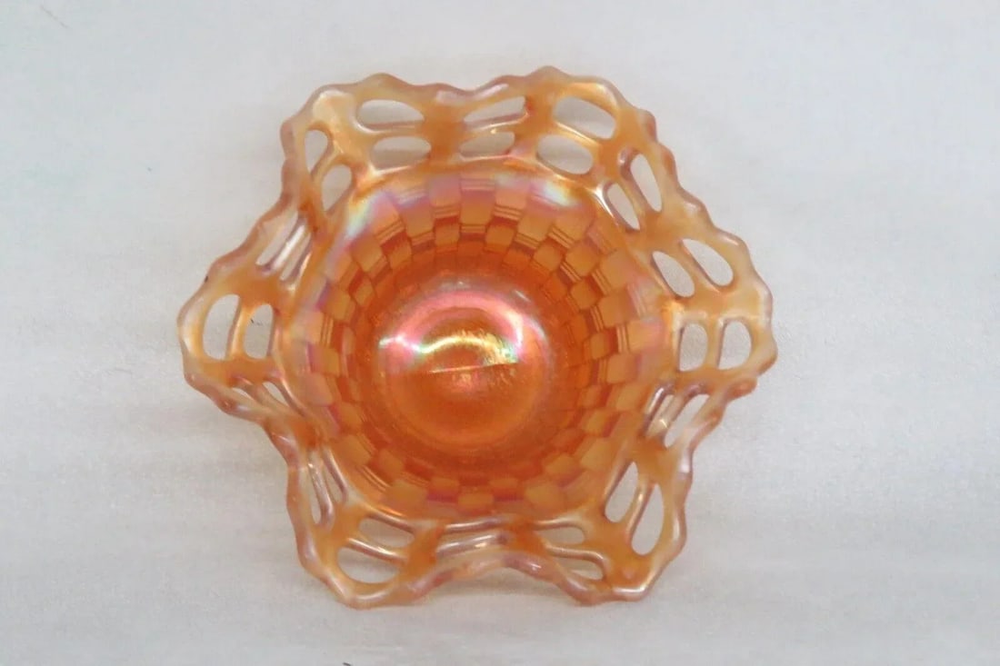 Fenton Marigold Carnival Glass Basket Weave Open Lace Edge Candy Dish Bowl - 7