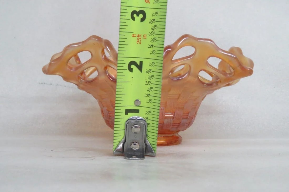 Fenton Marigold Carnival Glass Basket Weave Open Lace Edge Candy Dish Bowl - 8