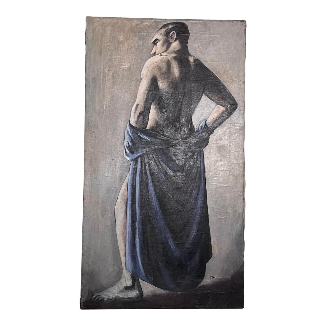 Male Figure Study, Painting by Tony Trezza, Circa 1940s: Figure study, done when Tony was studying at Pennsylvania Academy of the Fine Arts, in the mid or late 1940s. Male subject with drape, muted color palette. Paint is in good condition, commensurate